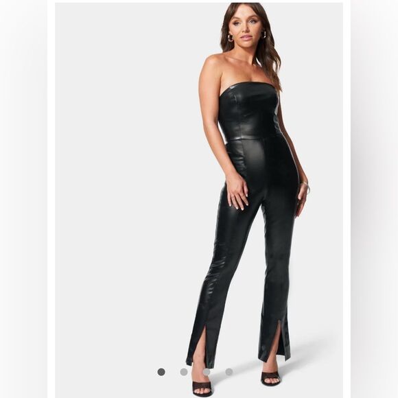 Bebe split hem strapless vegan leather jumpsuit • Sz Small - Picture 1 of 8